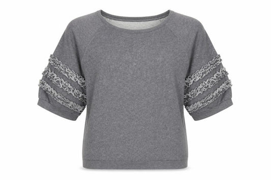 Front view of AND/OR women’s grey cotton pullover sweatshirt, size UK 12, pullover - ruffle detail