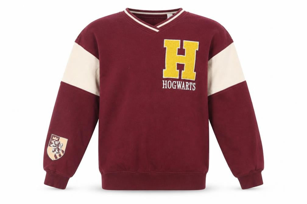 Front view of H&M girls’ red cotton pullover sweatshirt, size 12-13, years pullover - harry potter hogwarts