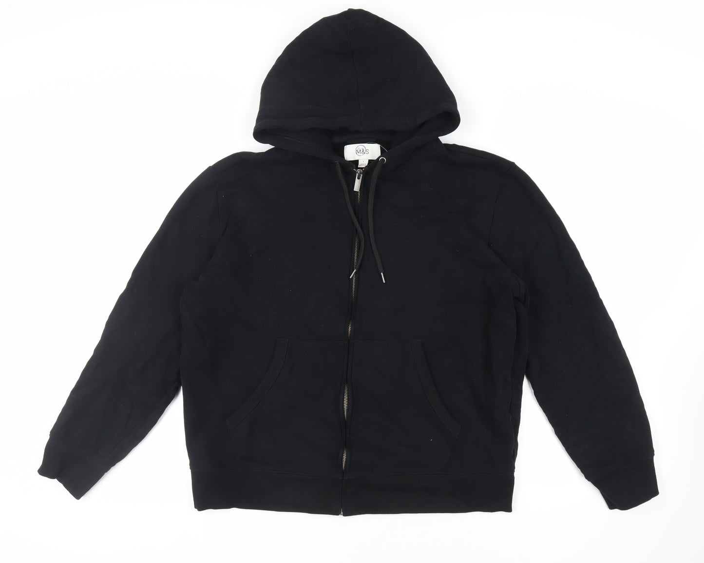 Marks and Spencer Mens Black Cotton Full Zip Hoodie Size L - Pockets