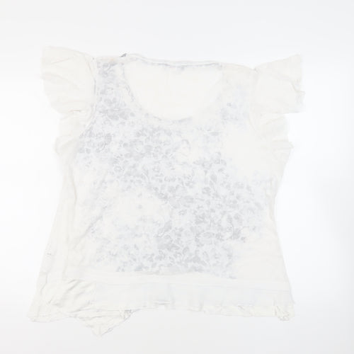 Per Una Womens White Floral Polyester Basic T-Shirt Size 20 Scoop Neck - Ruffle