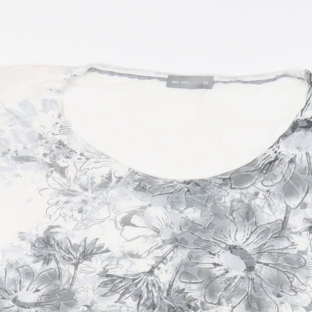 Per Una Womens White Floral Polyester Basic T-Shirt Size 20 Scoop Neck - Ruffle