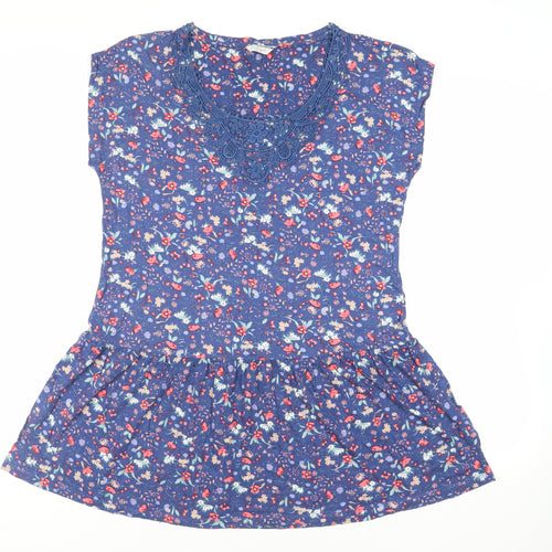 Indigo Womens Blue Floral Viscose Tunic T-Shirt Size 16 Round Neck - Crochet Neckline