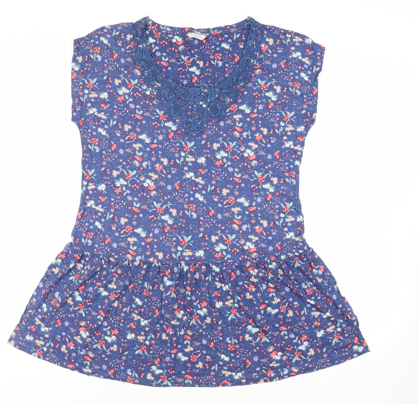Indigo Womens Blue Floral Viscose Tunic T-Shirt Size 16 Round Neck - Crochet Neckline