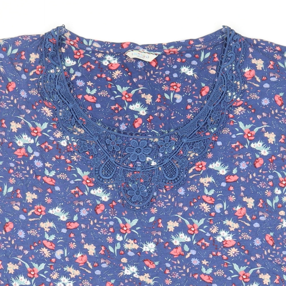 Indigo Womens Blue Floral Viscose Tunic T-Shirt Size 16 Round Neck - Crochet Neckline