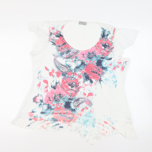 Per Una Womens White Floral Viscose Basic T-Shirt Size 18 Scoop Neck - Ruffle