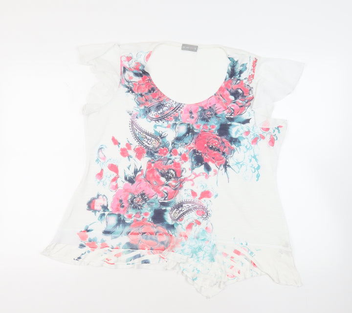 Per Una Womens White Floral Viscose Basic T-Shirt Size 18 Scoop Neck - Ruffle