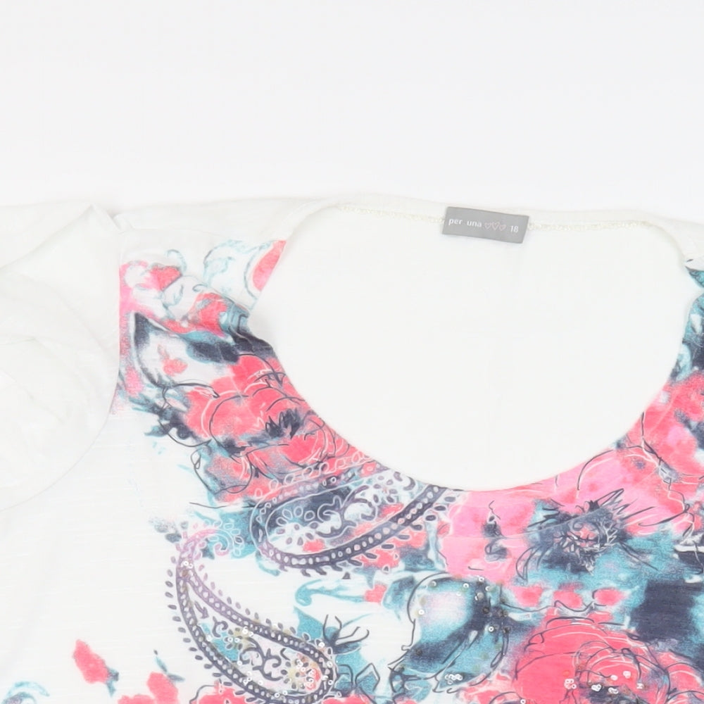 Per Una Womens White Floral Viscose Basic T-Shirt Size 18 Scoop Neck - Ruffle