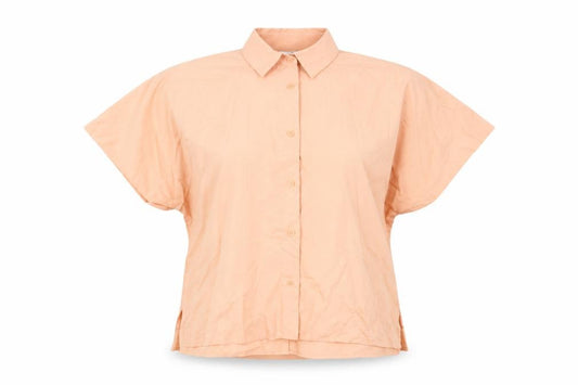 Front view of Uniqlo women’s orange viscose basic button-up, size XS, collared