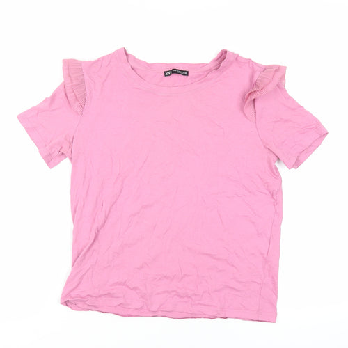 Zara Womens Pink Cotton Basic T-Shirt Size M Crew Neck - Ruffle Detail
