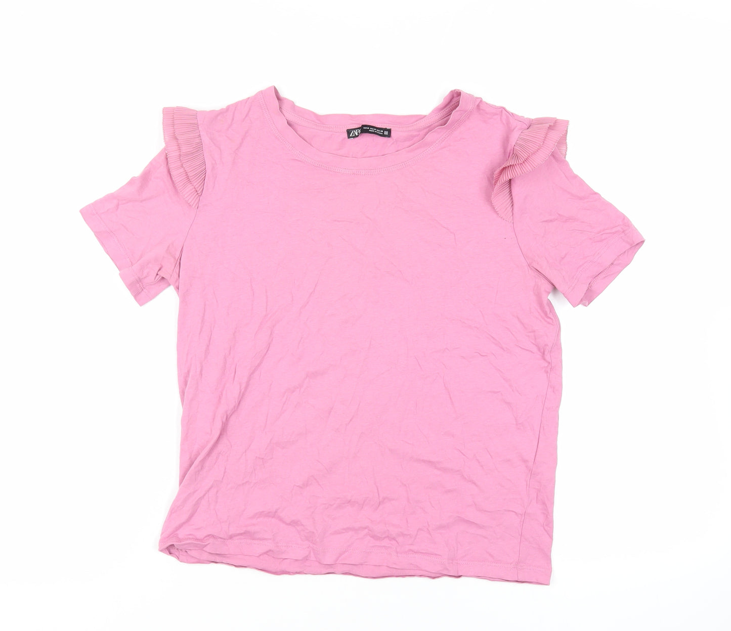 Zara Womens Pink Cotton Basic T-Shirt Size M Crew Neck - Ruffle Detail