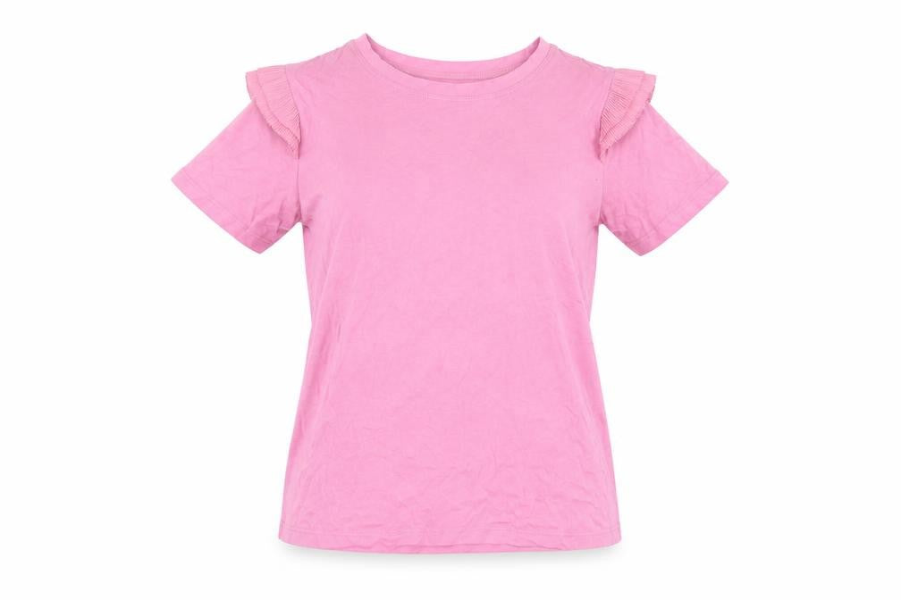 Front view of Zara women’s pink cotton basic t-shirt, size M, crew neck - ruffle detail