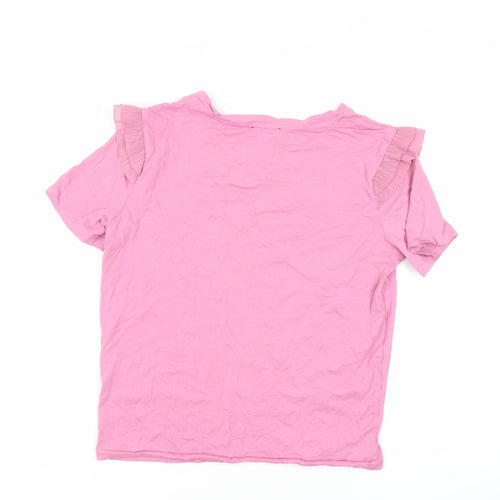 Zara Womens Pink Cotton Basic T-Shirt Size M Crew Neck - Ruffle Detail