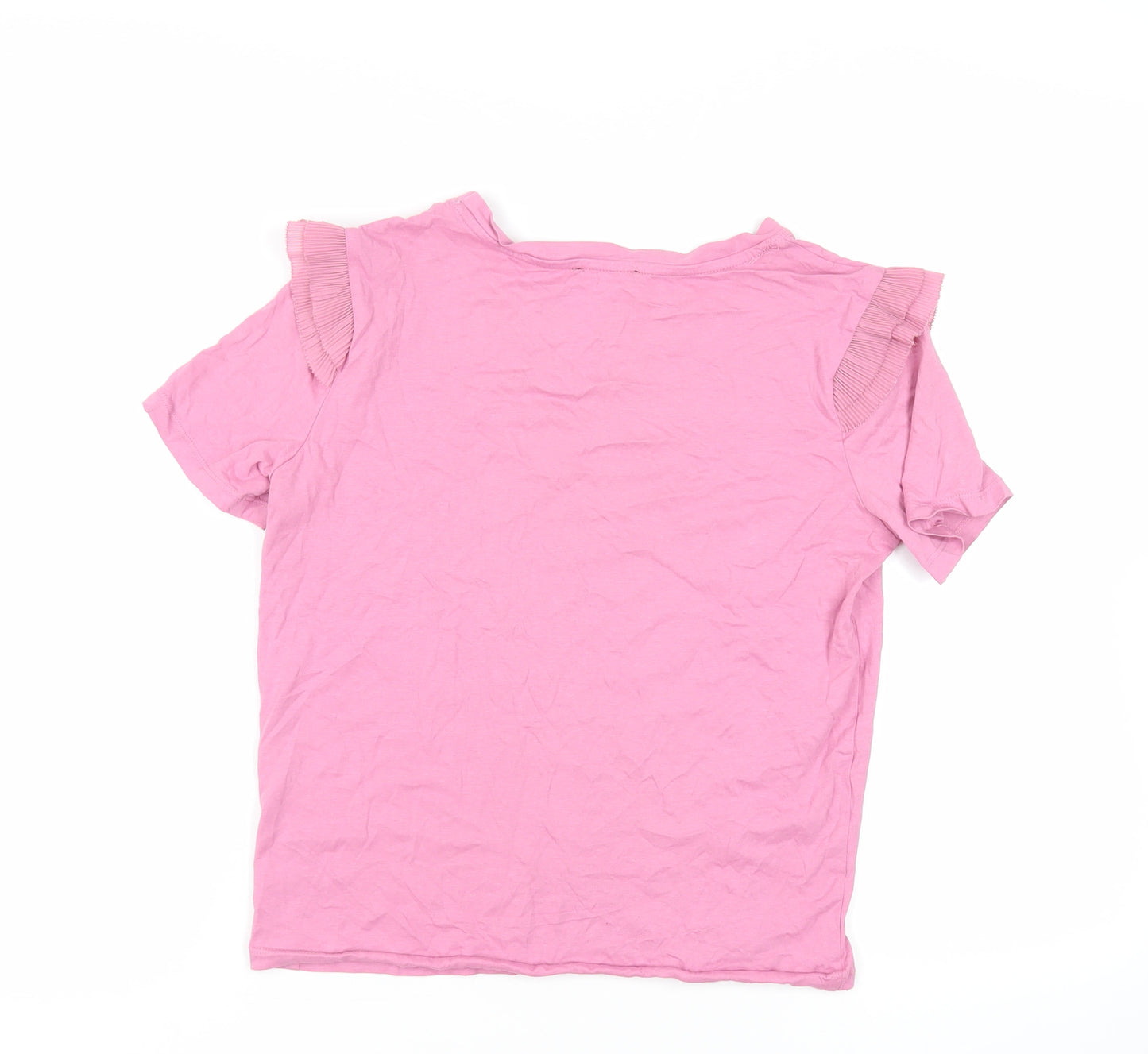 Zara Womens Pink Cotton Basic T-Shirt Size M Crew Neck - Ruffle Detail