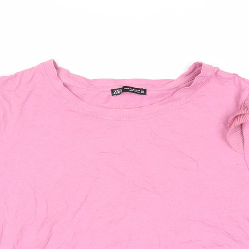 Zara Womens Pink Cotton Basic T-Shirt Size M Crew Neck - Ruffle Detail