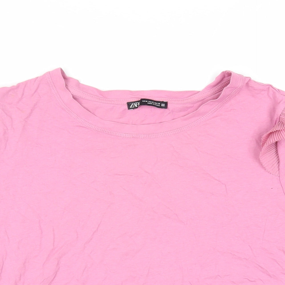 Zara Womens Pink Cotton Basic T-Shirt Size M Crew Neck - Ruffle Detail