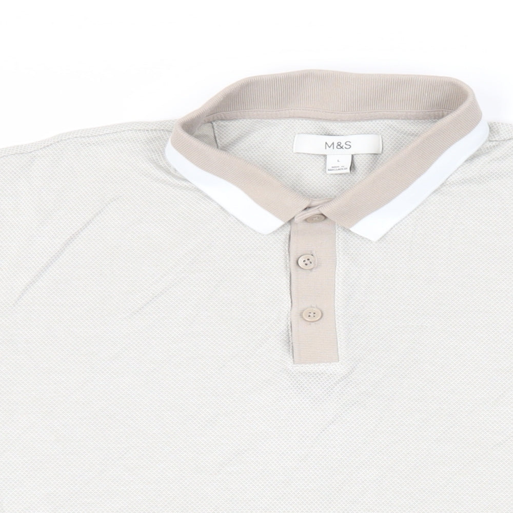 Marks and Spencer Mens Beige Geometric Cotton Polo Size L Collared Button