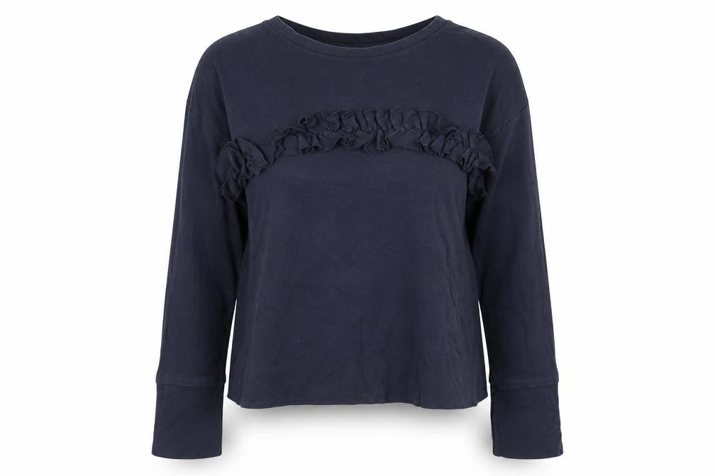 Front view of Next women’s blue cotton pullover sweatshirt, size UK 12, pullover - ruffle