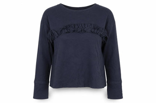 Front view of Next women’s blue cotton pullover sweatshirt, size UK 12, pullover - ruffle