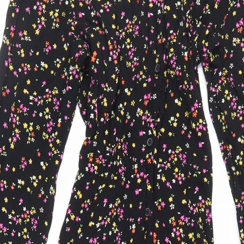 Marks and Spencer Womens Black Floral Viscose A-Line Size 8 V-Neck Button