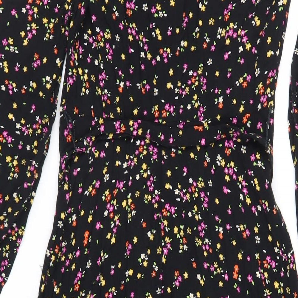 Marks and Spencer Womens Black Floral Viscose A-Line Size 8 V-Neck Button