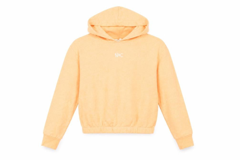 Front view of H&M girls’ orange cotton pullover hoodie, size 12-13, years pullover - nyc