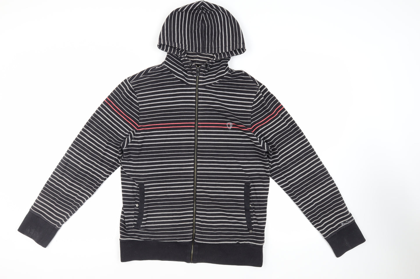 Ben Sherman Mens Black Striped Cotton Full Zip Hoodie Size L - Logo Pockets