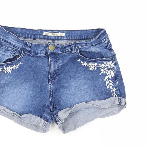 Dorothy Perkins Womens Blue Cotton Hot Pants Shorts Size 14 L4 in Regular Zip - Embroidered Flowers