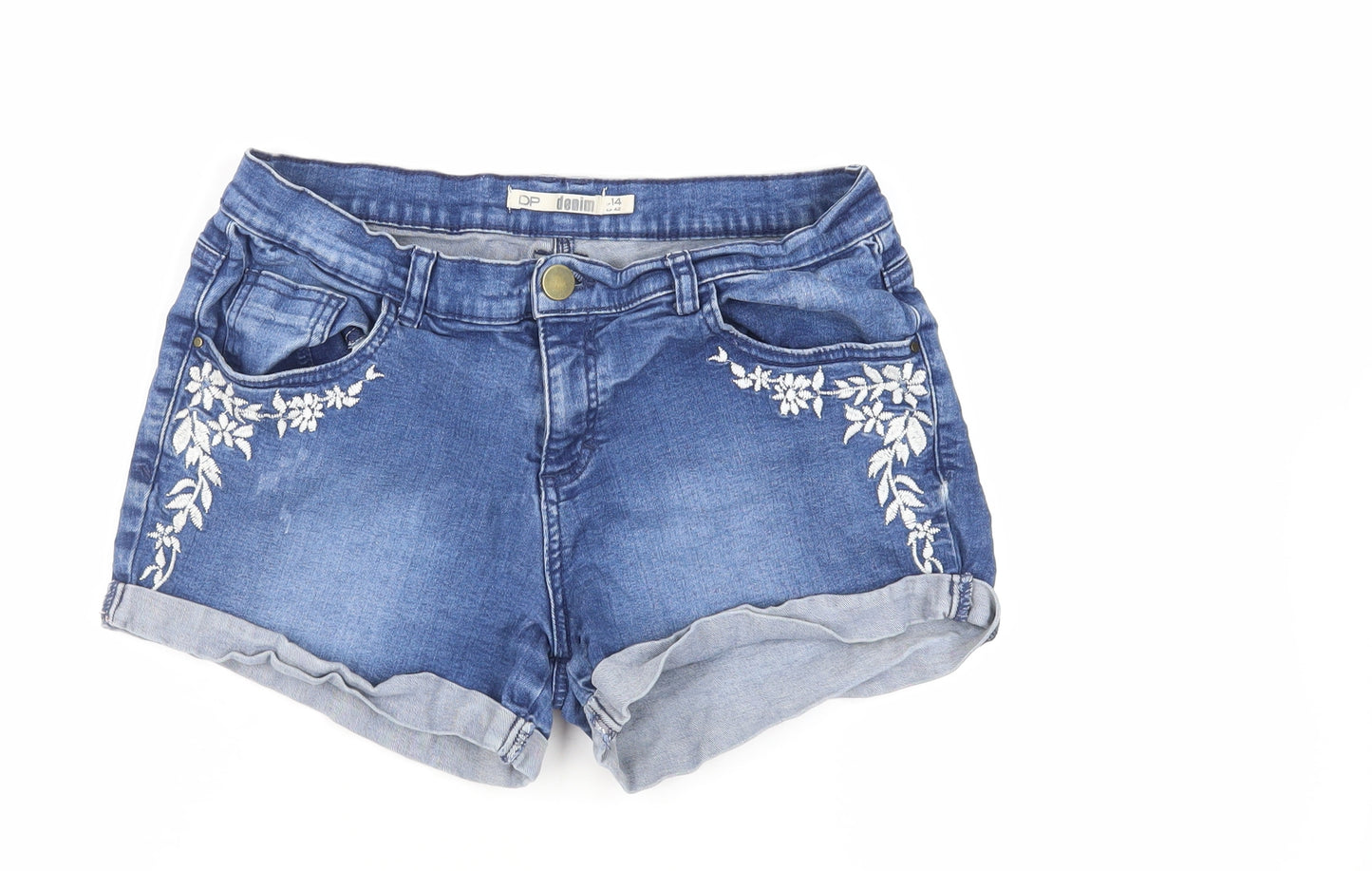 Dorothy Perkins Womens Blue Cotton Hot Pants Shorts Size 14 L4 in Regular Zip - Embroidered Flowers