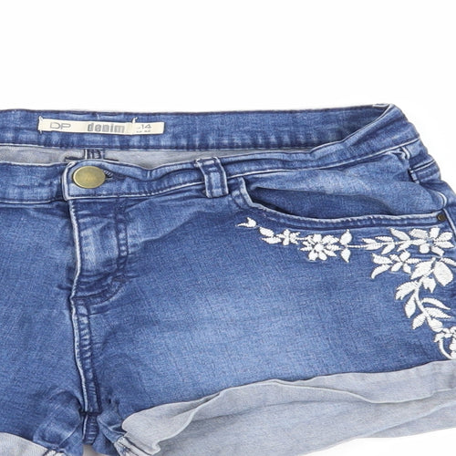 Dorothy Perkins Womens Blue Cotton Hot Pants Shorts Size 14 L4 in Regular Zip - Embroidered Flowers