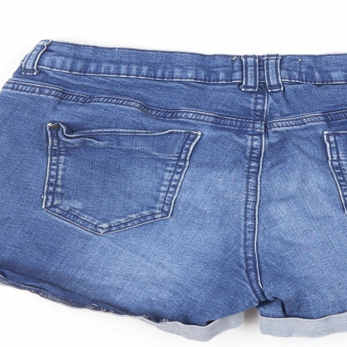 Dorothy Perkins Womens Blue Cotton Hot Pants Shorts Size 14 L4 in Regular Zip - Embroidered Flowers