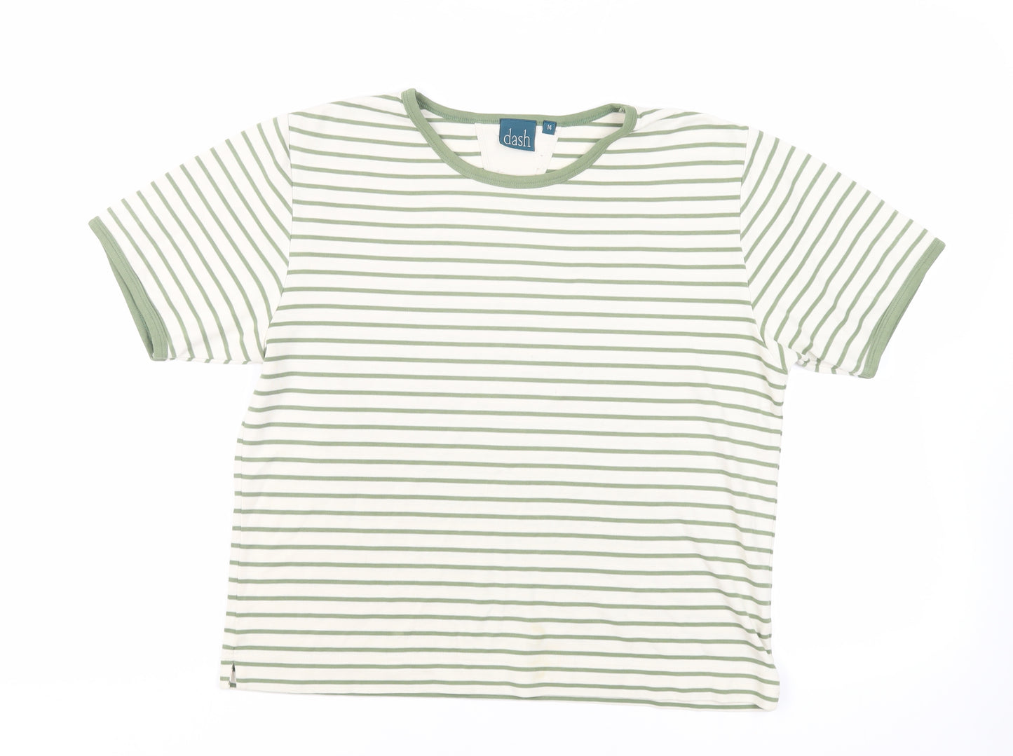 DASH Womens Green Striped Cotton Basic T-Shirt Size 14 Crew Neck