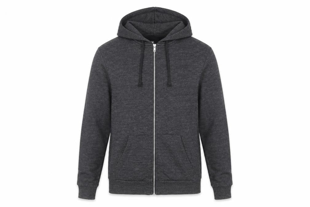 Front view of H&M men’s grey cotton full zip hoodie, size S, - pockets