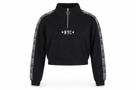 Front view of Divided by H&M women’s black cotton pullover sweatshirt, size M, zip - nyc bronx