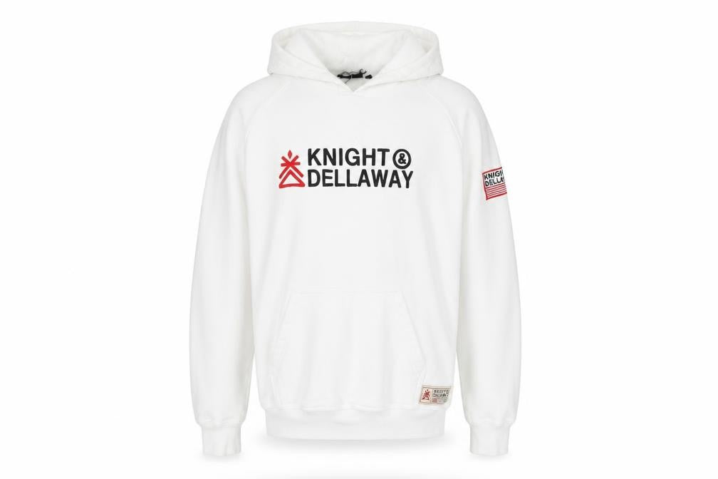 Front view of Knight Dellaway men’s white cotton pullover hoodie, size M, - logo pockets