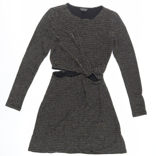 Topshop Womens Black Striped Polyamide Fit & Flare Size 8 Round Neck Pullover - Cut Out Detail