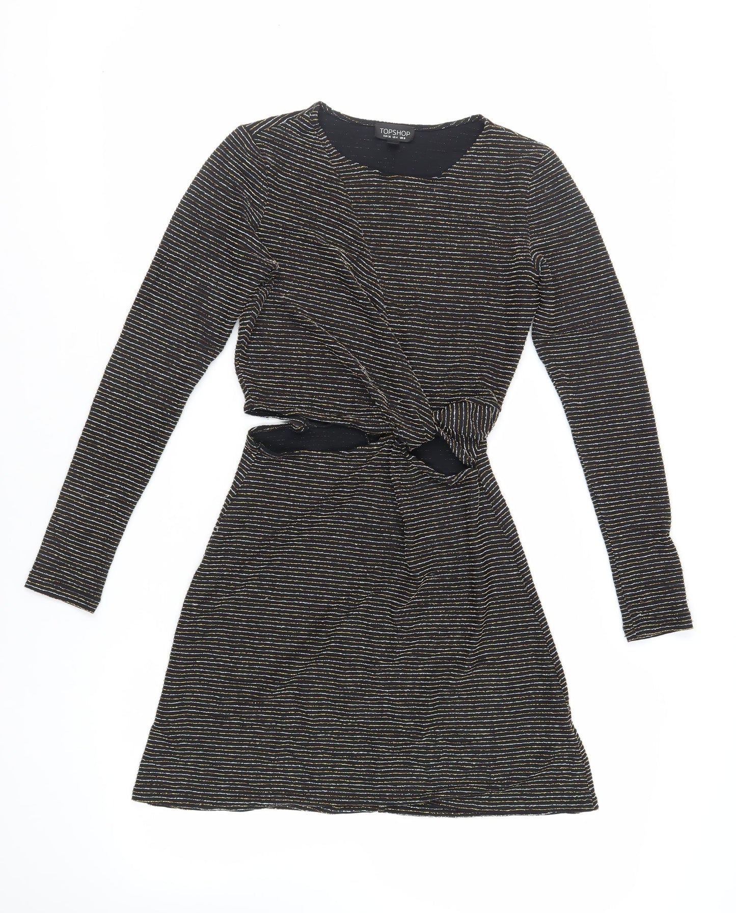 Topshop Womens Black Striped Polyamide Fit & Flare Size 8 Round Neck Pullover - Cut Out Detail