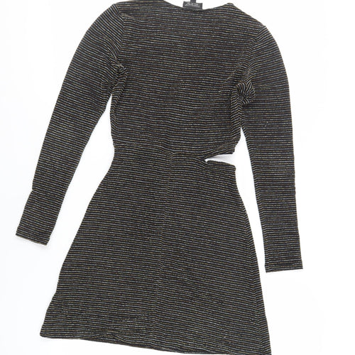 Topshop Womens Black Striped Polyamide Fit & Flare Size 8 Round Neck Pullover - Cut Out Detail