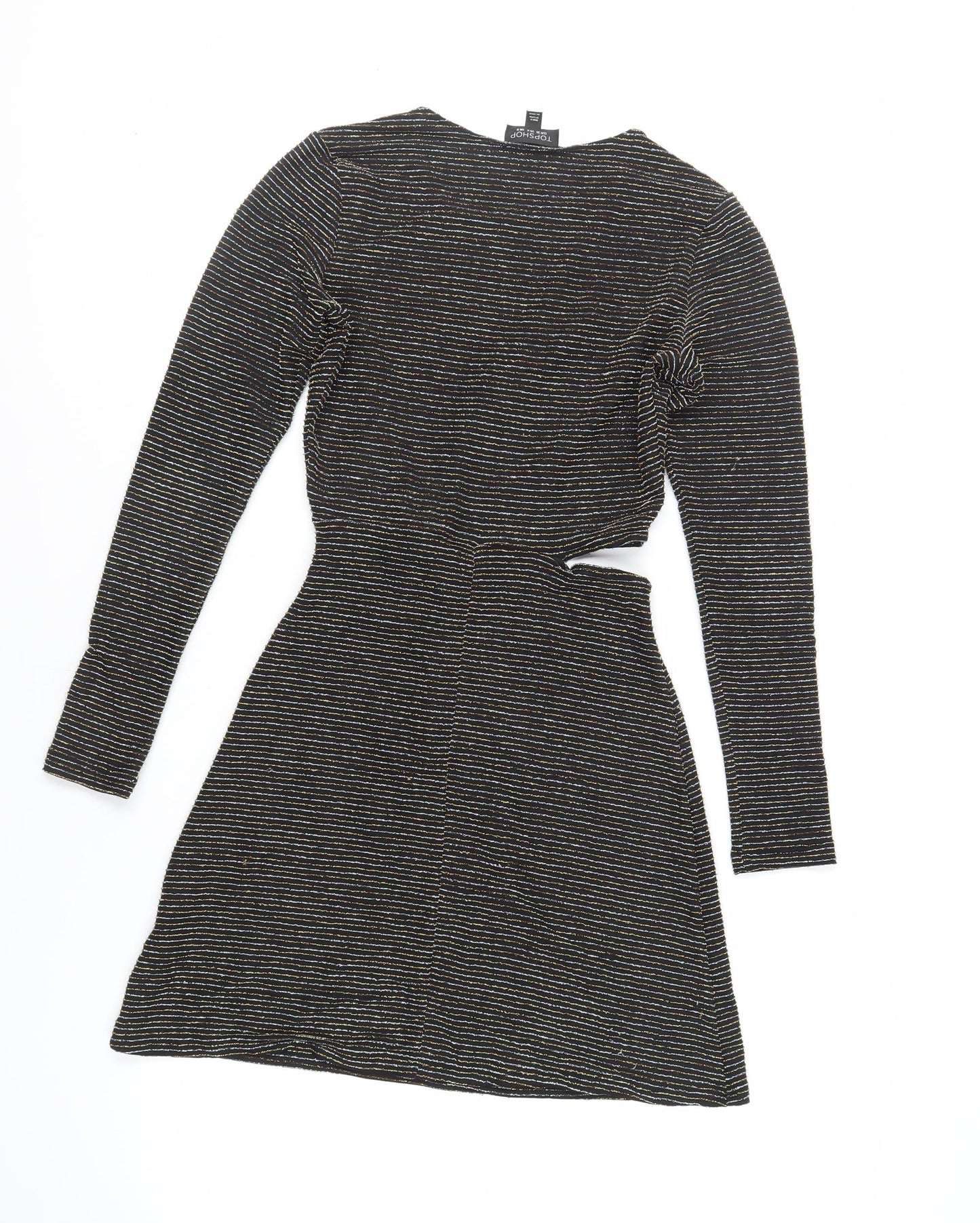 Topshop Womens Black Striped Polyamide Fit & Flare Size 8 Round Neck Pullover - Cut Out Detail