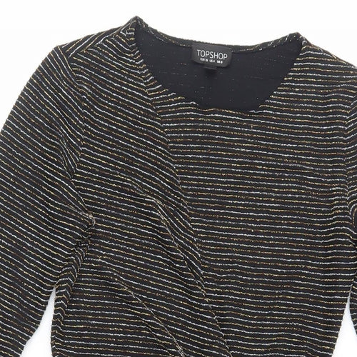 Topshop Womens Black Striped Polyamide Fit & Flare Size 8 Round Neck Pullover - Cut Out Detail