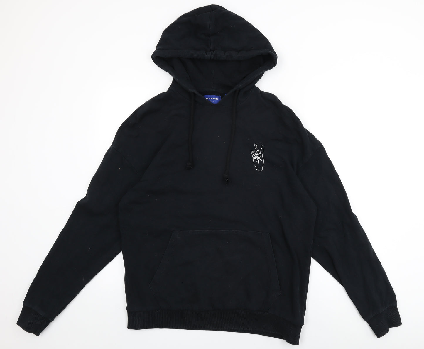 JACK & JONES Mens Black Cotton Pullover Hoodie Size L - Peace Sign