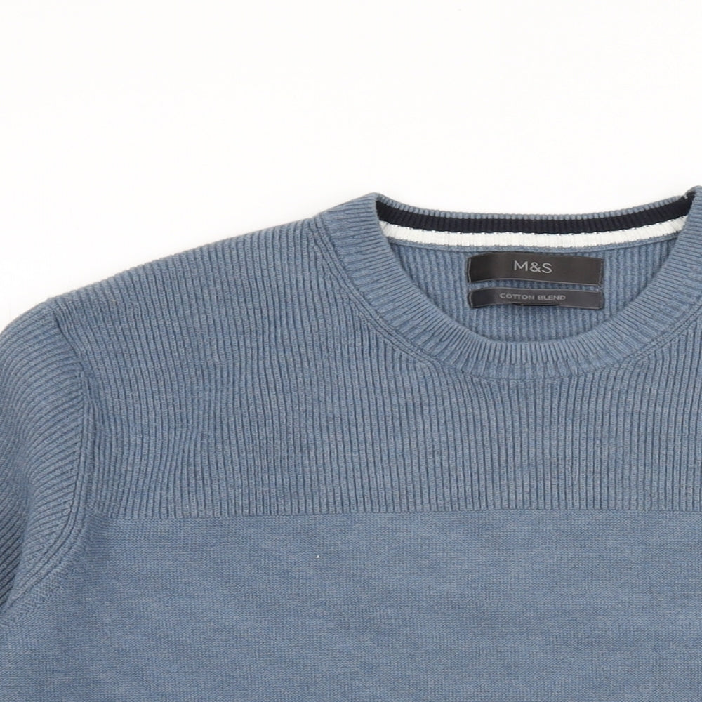 Marks and Spencer Mens Blue Round Neck Cotton Pullover Jumper Size L Long Sleeve