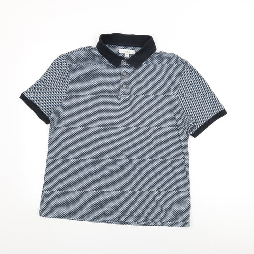 Marks and Spencer Mens Blue Geometric Cotton Polo Size M Collared Button