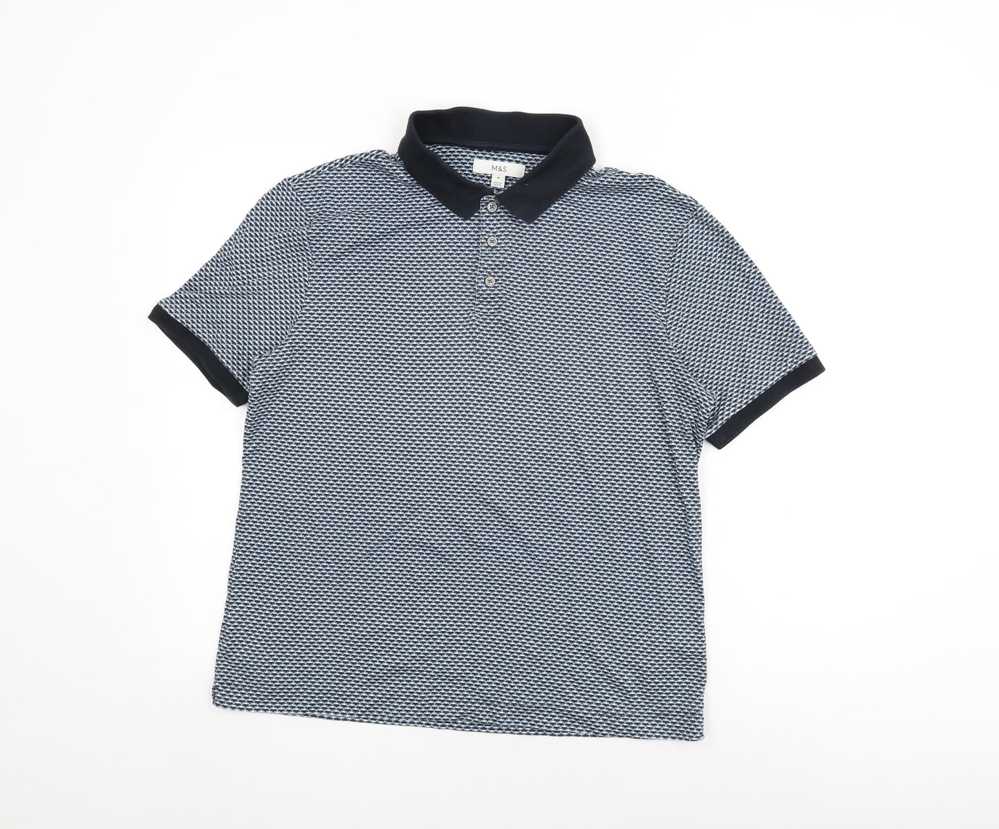 Marks and Spencer Mens Blue Geometric Cotton Polo Size M Collared Button