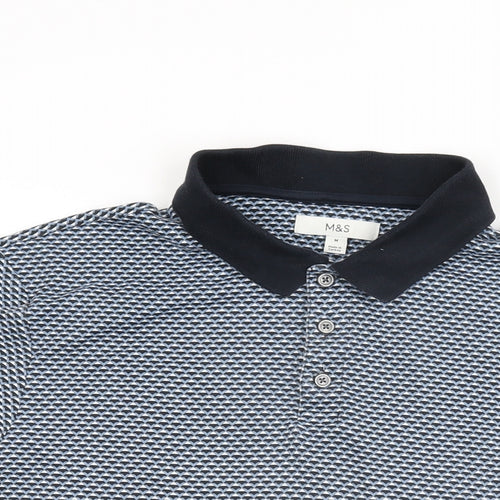 Marks and Spencer Mens Blue Geometric Cotton Polo Size M Collared Button