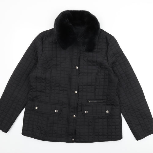 Precis Womens Black Quilted Coat Size 14 Zip - Fur Collar