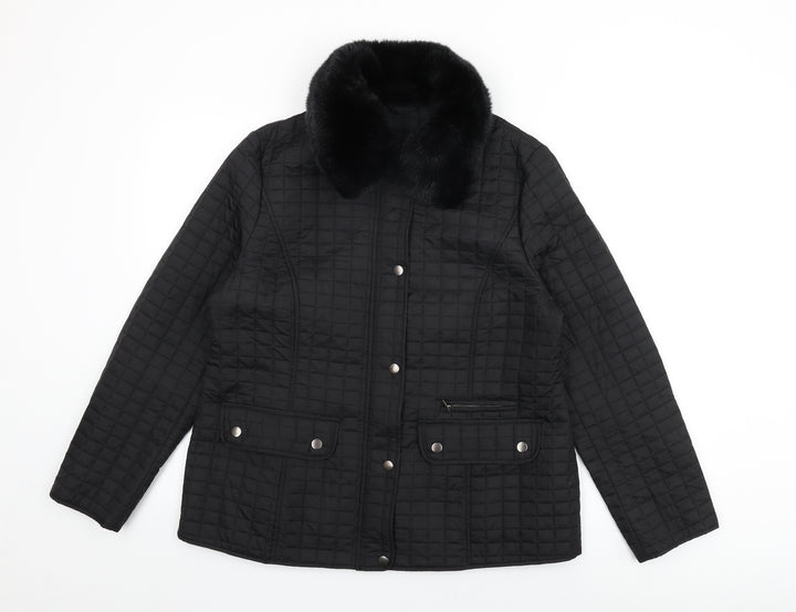 Precis Womens Black Quilted Coat Size 14 Zip - Fur Collar