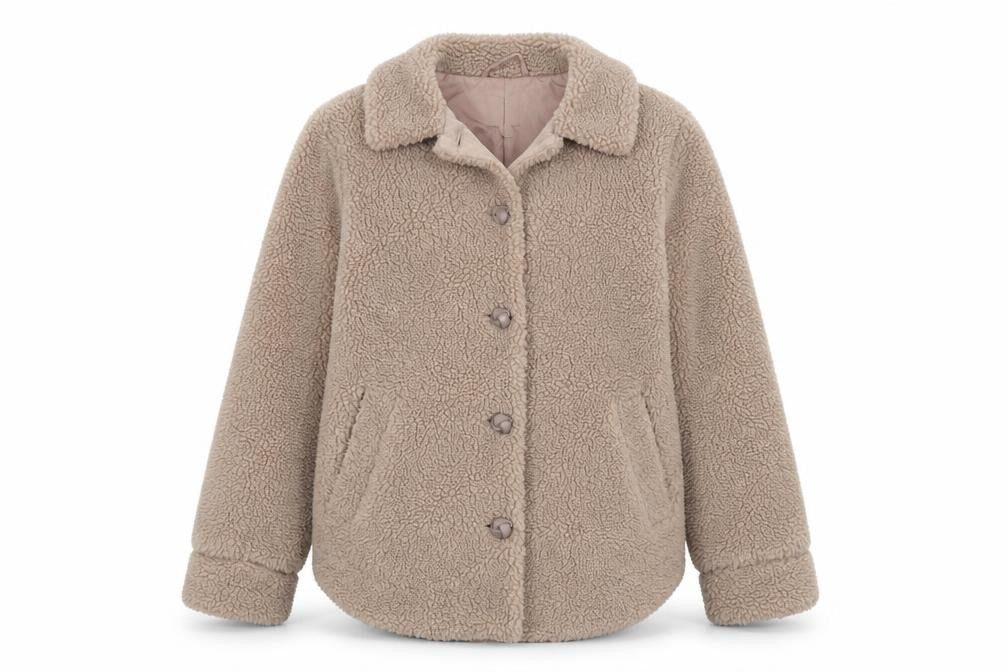 Front view of H&M women’s beige jacket coat, size UK 8, button