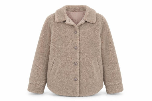 Front view of H&M women’s beige jacket coat, size UK 8, button