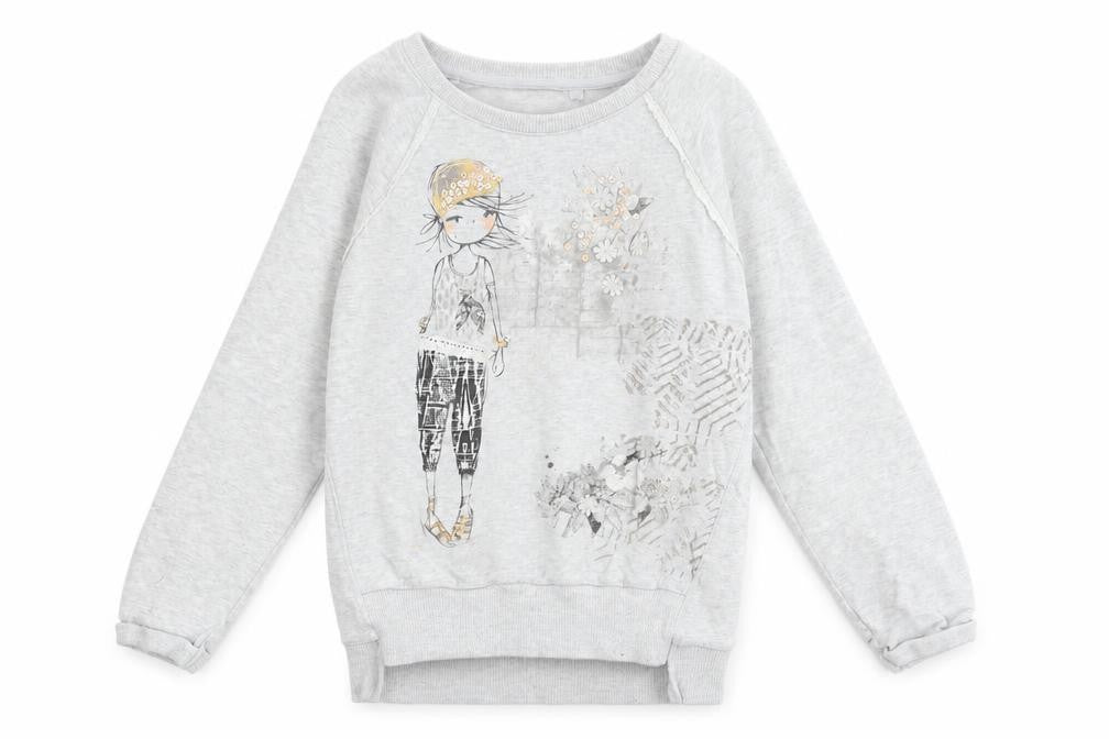 Front view of Next girls’ grey cotton pullover sweatshirt, size 9, years pullover - floral print, sequin