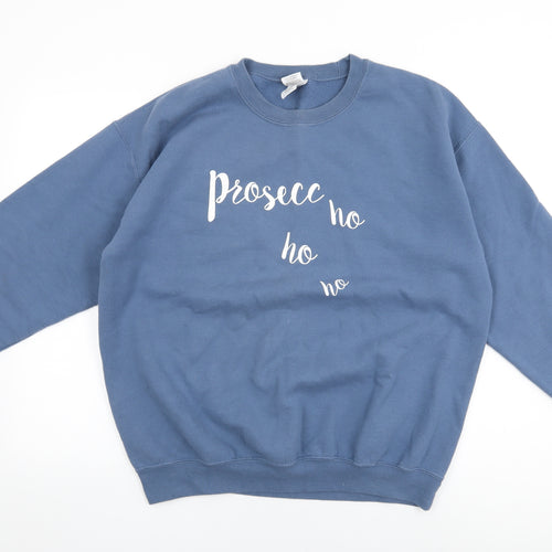 Gildan Womens Blue Cotton Pullover Sweatshirt Size L Pullover - Prosecco Ho Ho Ho, Christmas Jumper